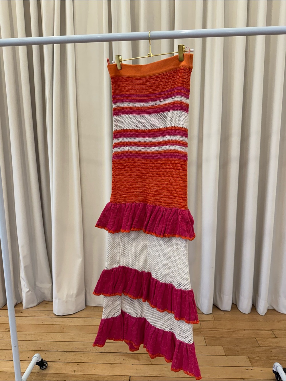 PatBO Orange, Pink & White Striped Ruffle Maxi Skirt